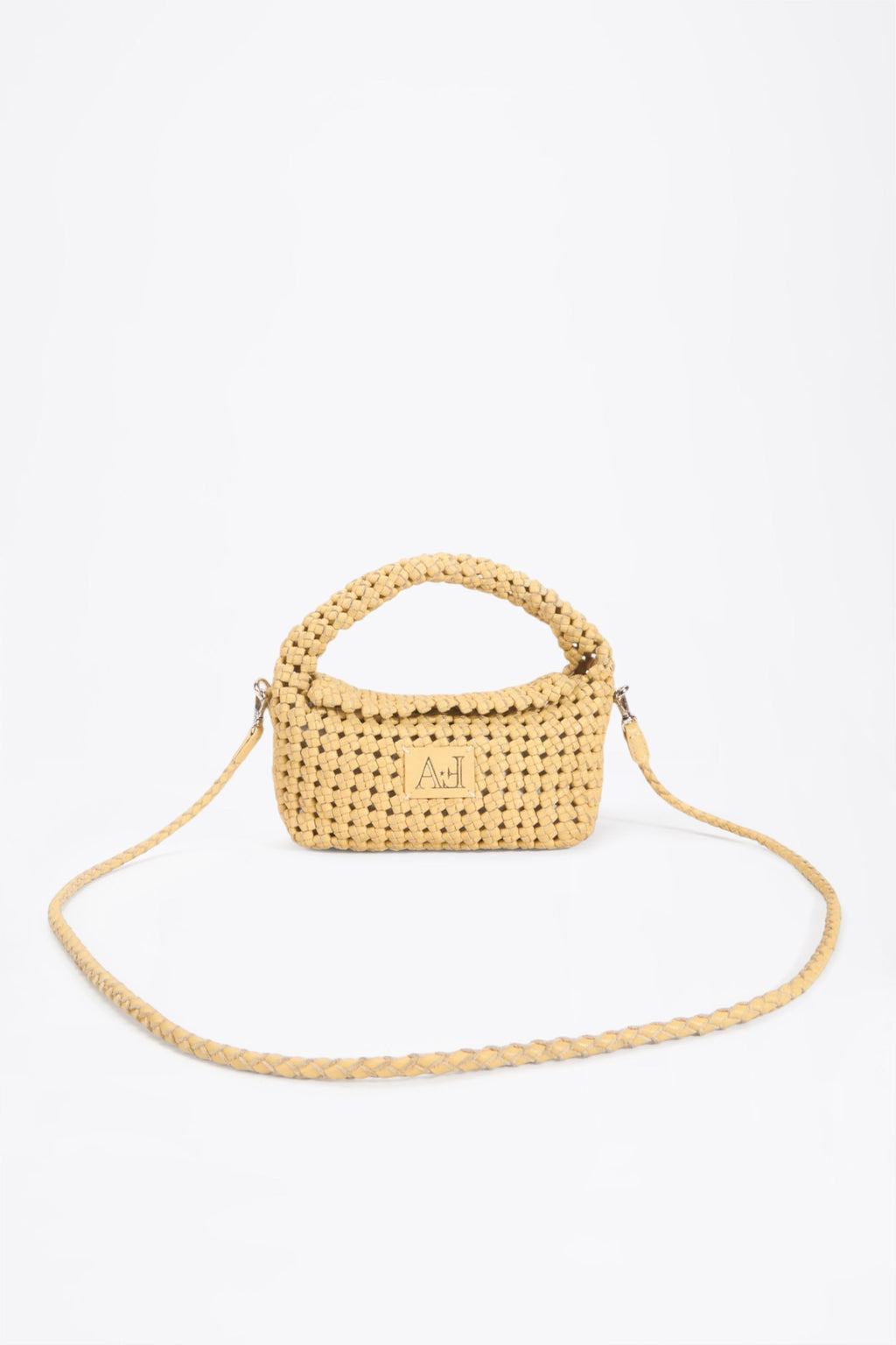 AF Woven Leather Crossbody Bag - front view with strap extended